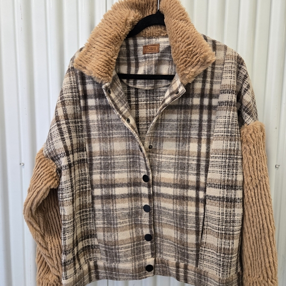 POL Jackets & Blazers - POL Plaid Teddy-Trim Jacket in Brown, Tan and Cream